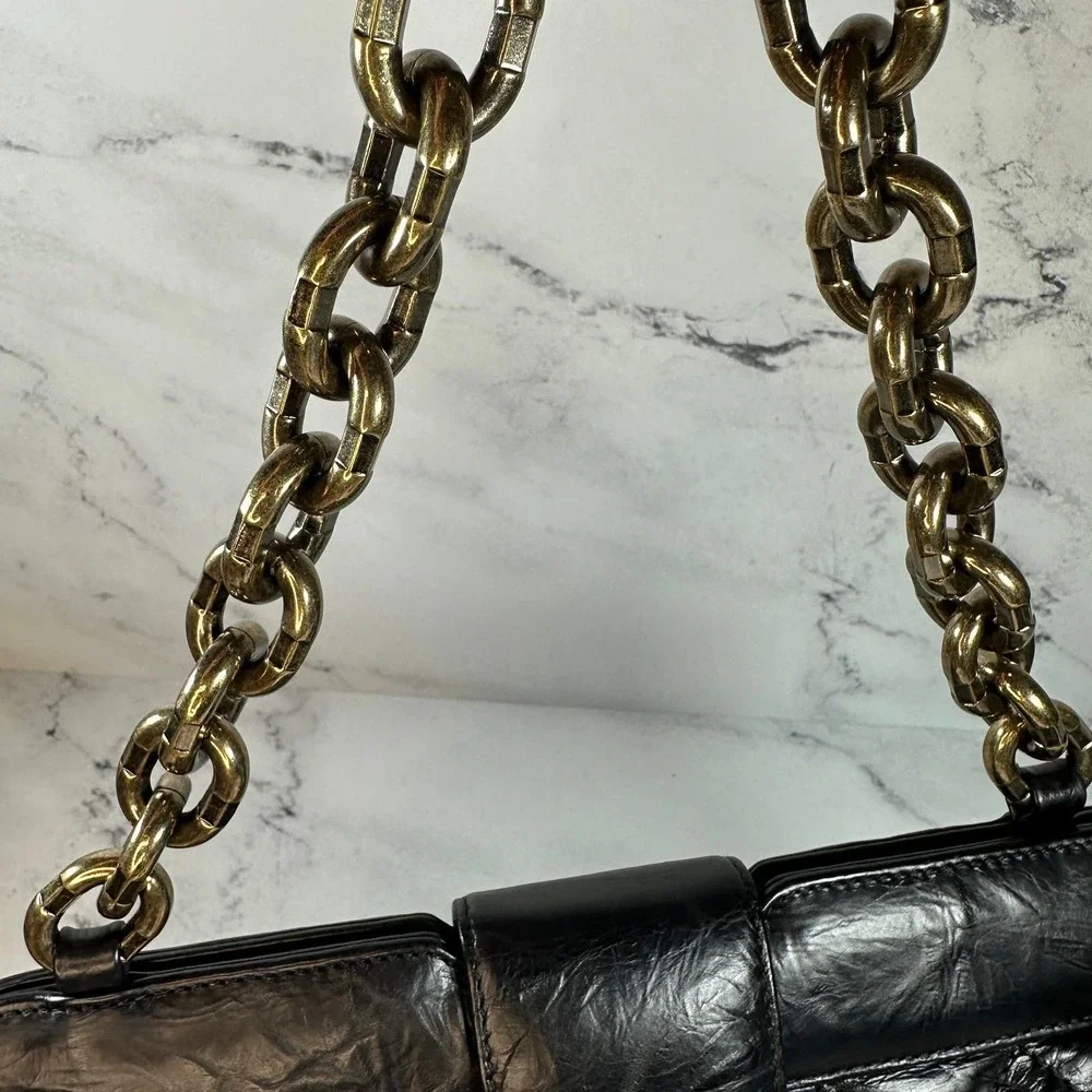 Chanel Frame Shoulder Bag CC Distressed Quilted Leather Black/Gold Thick Chain